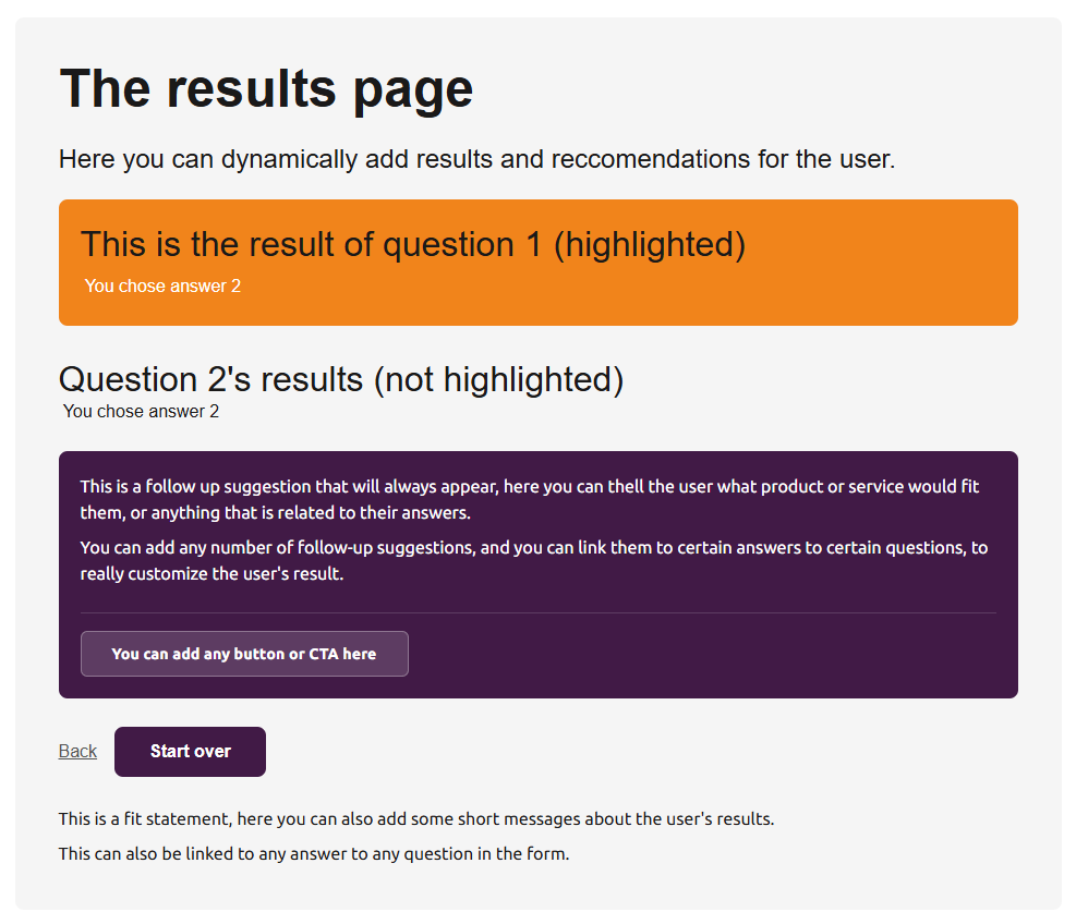 The results page is highly customizeable, to give a custom-tailored answer to the user's questions