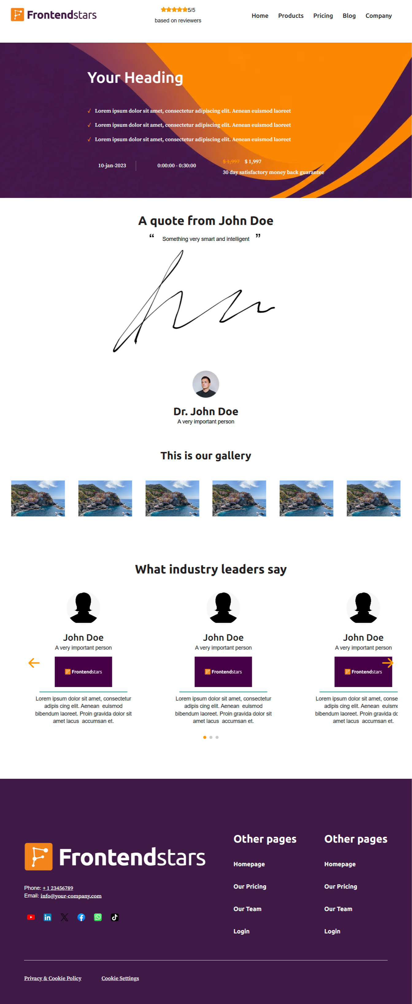 The homepage template, easily fill in your content and have a functioning website in minutes